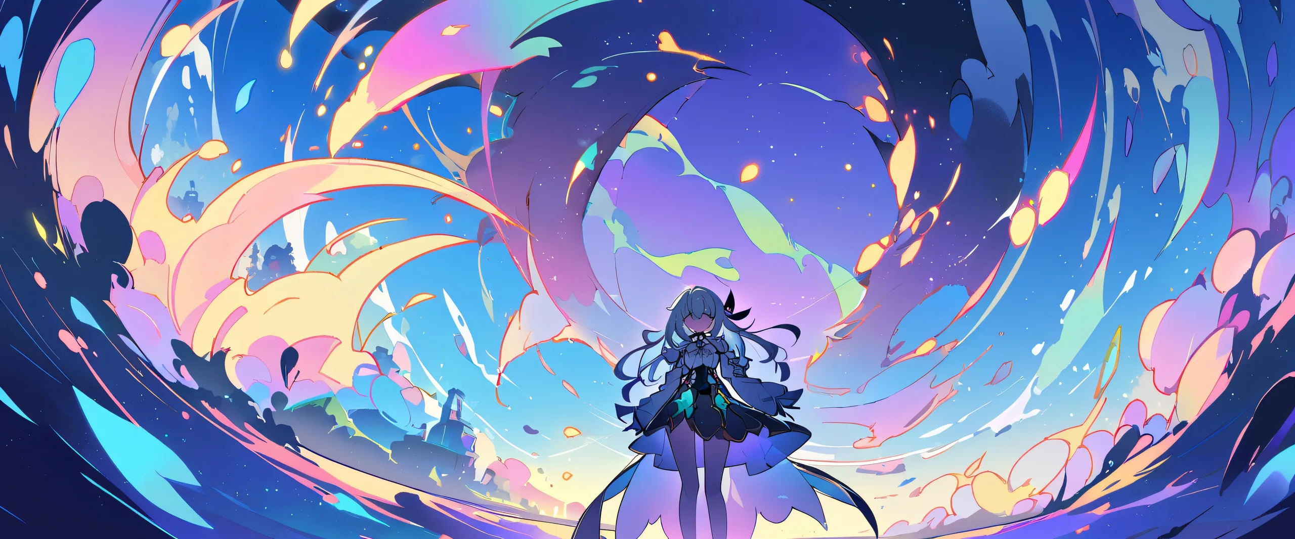 A girl gazes at the viewer from a vast, pure void, surrounded by radiant sunlight and beautiful sky, perfect for desktop/pc