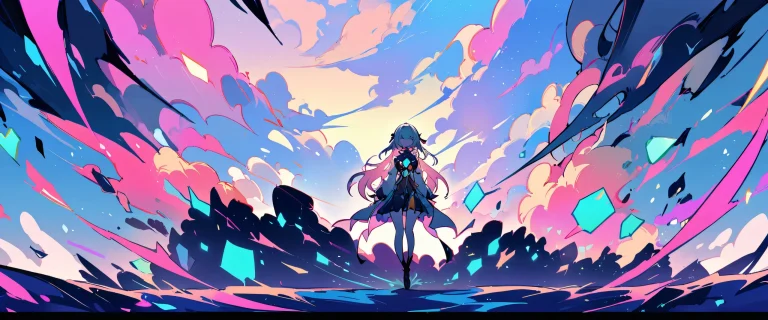 Girl gazes at viewer against a perfectly clean vast pure void background, with fireflies and stars shining bright on her 21:9 ultrawide panoramic desktop.