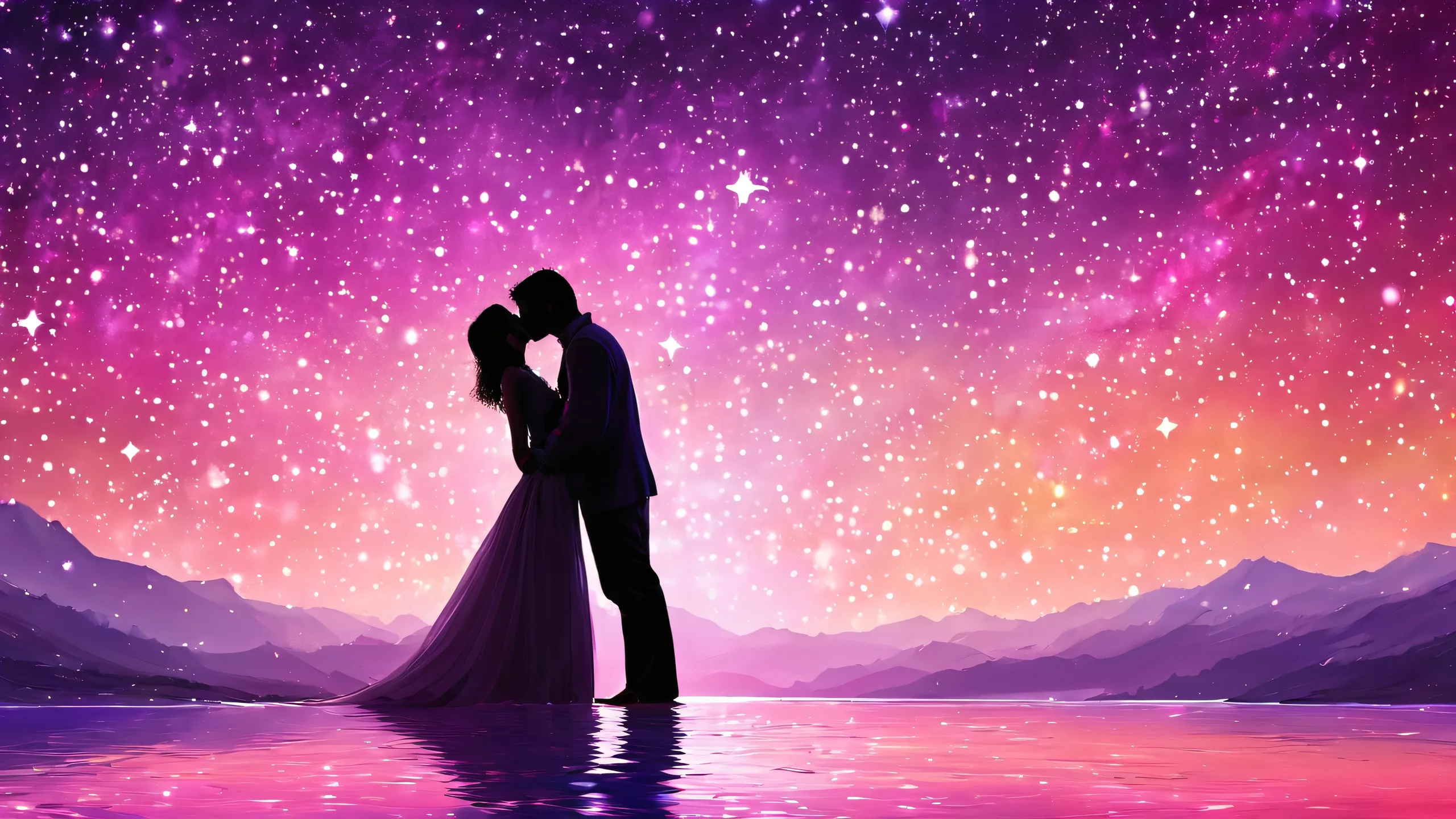Ethereal Starry Night Embrace 4K UHD Wallpaper A beautiful desktop wallpaper of a kissing couple set against a vast pure void with stars, ideal for use on your Desktop/PC.
