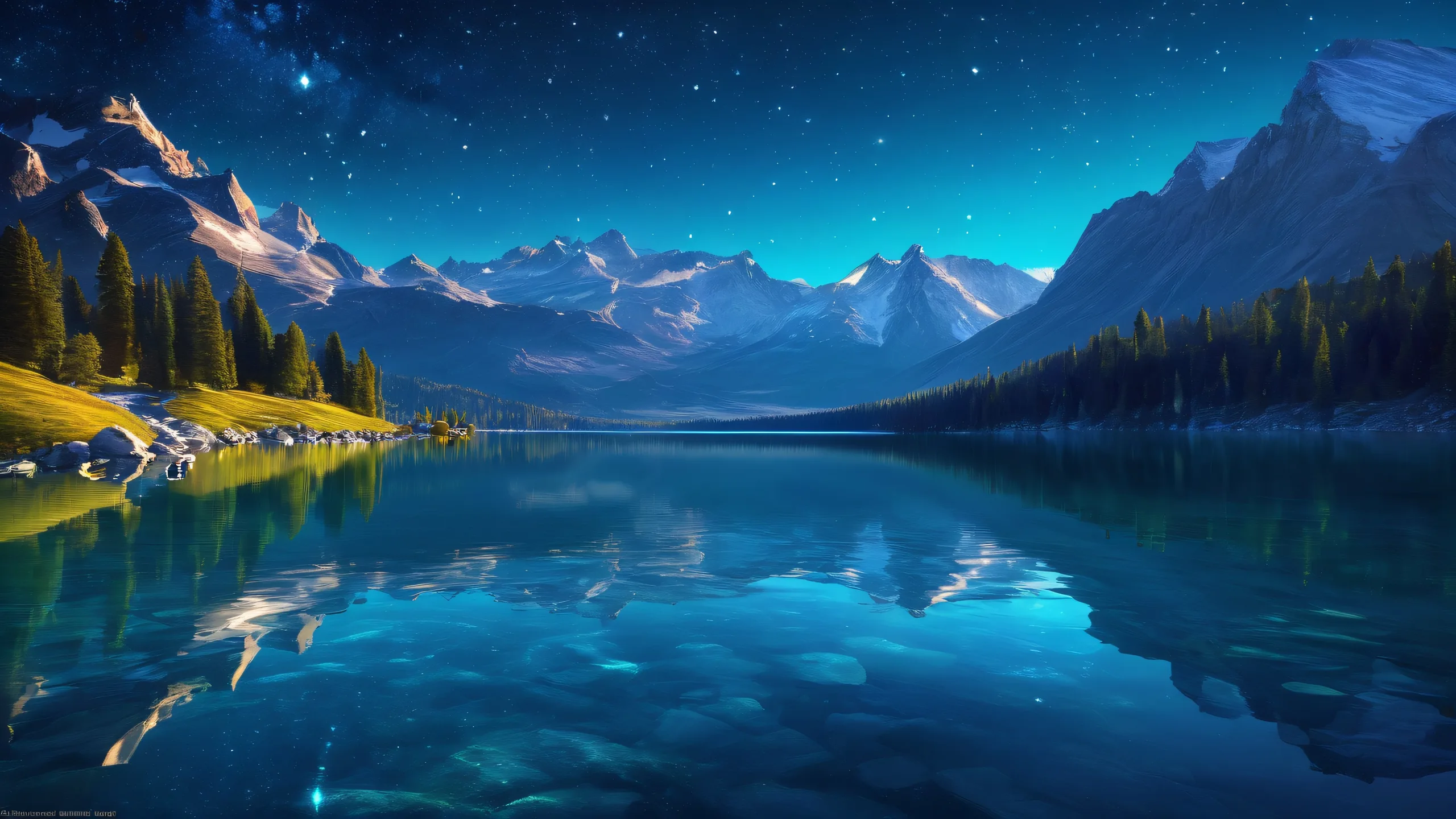 A serene lake on a starry night, perfect for your desktop/pc