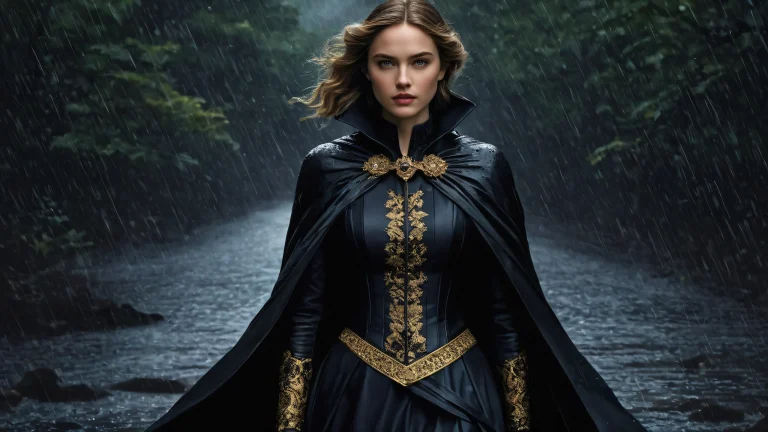 A stunning desktop image of a heroine in a Victorian-inspired setting with rain effects and intricate details, perfecto para tu escritorio/PC.