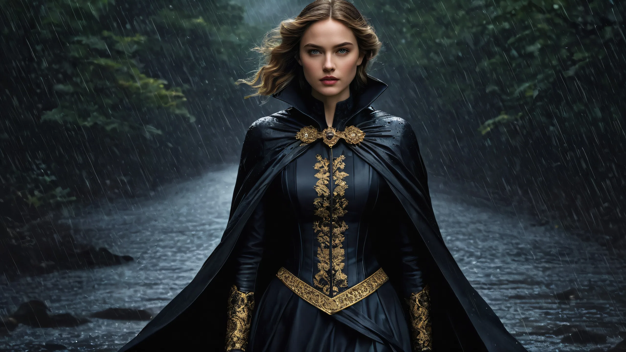A stunning desktop image of a heroine in a Victorian-inspired setting with rain effects and intricate details, perfect for your Desktop/PC.