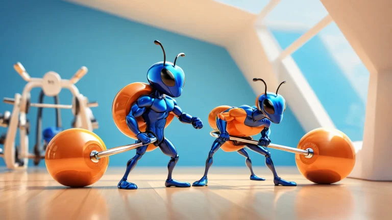 Bodybuilding ant in a miniature gym setting on a pure void desktop background for PC and Desktop use.