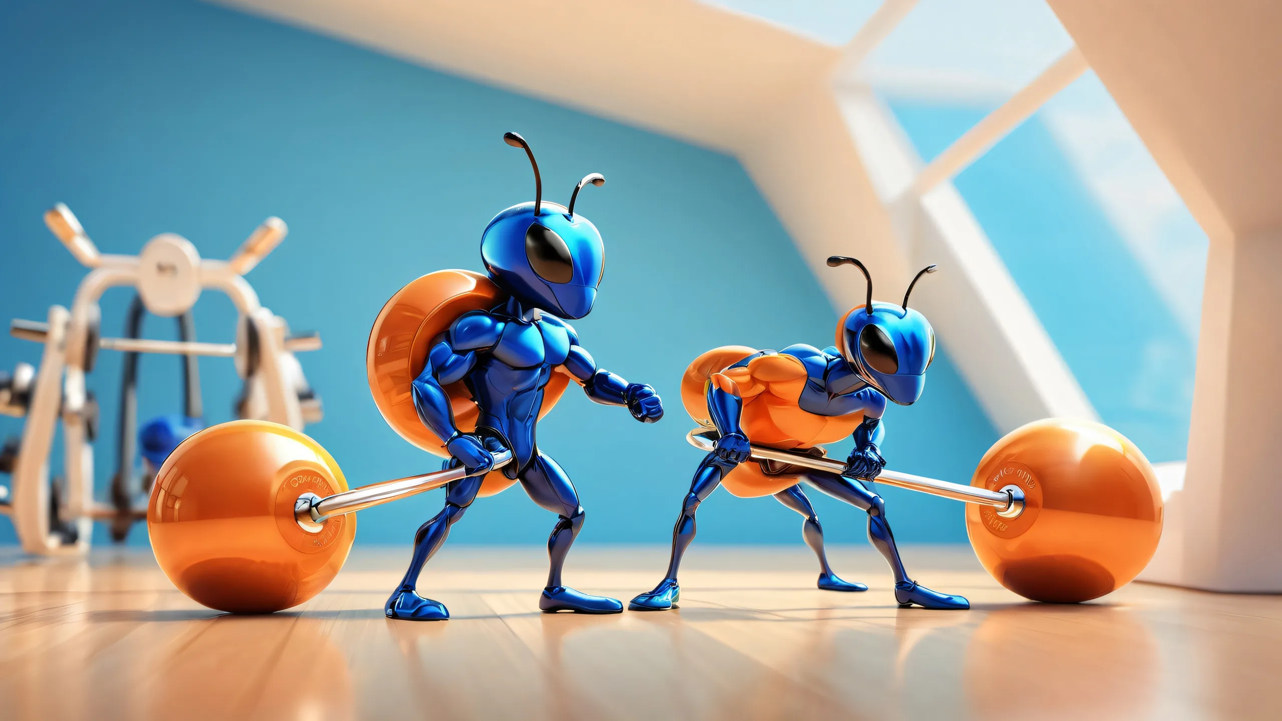 Epic Ethereal Strength Unleashed Desktop Wallpaper Bodybuilding ant in a miniature gym setting on a pure void desktop background for PC and Desktop use.