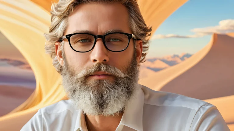 A bearded man sits serenely amidst a vast, pure void on a desktop/pc, surrounded by brilliant colors and radiant lighting.