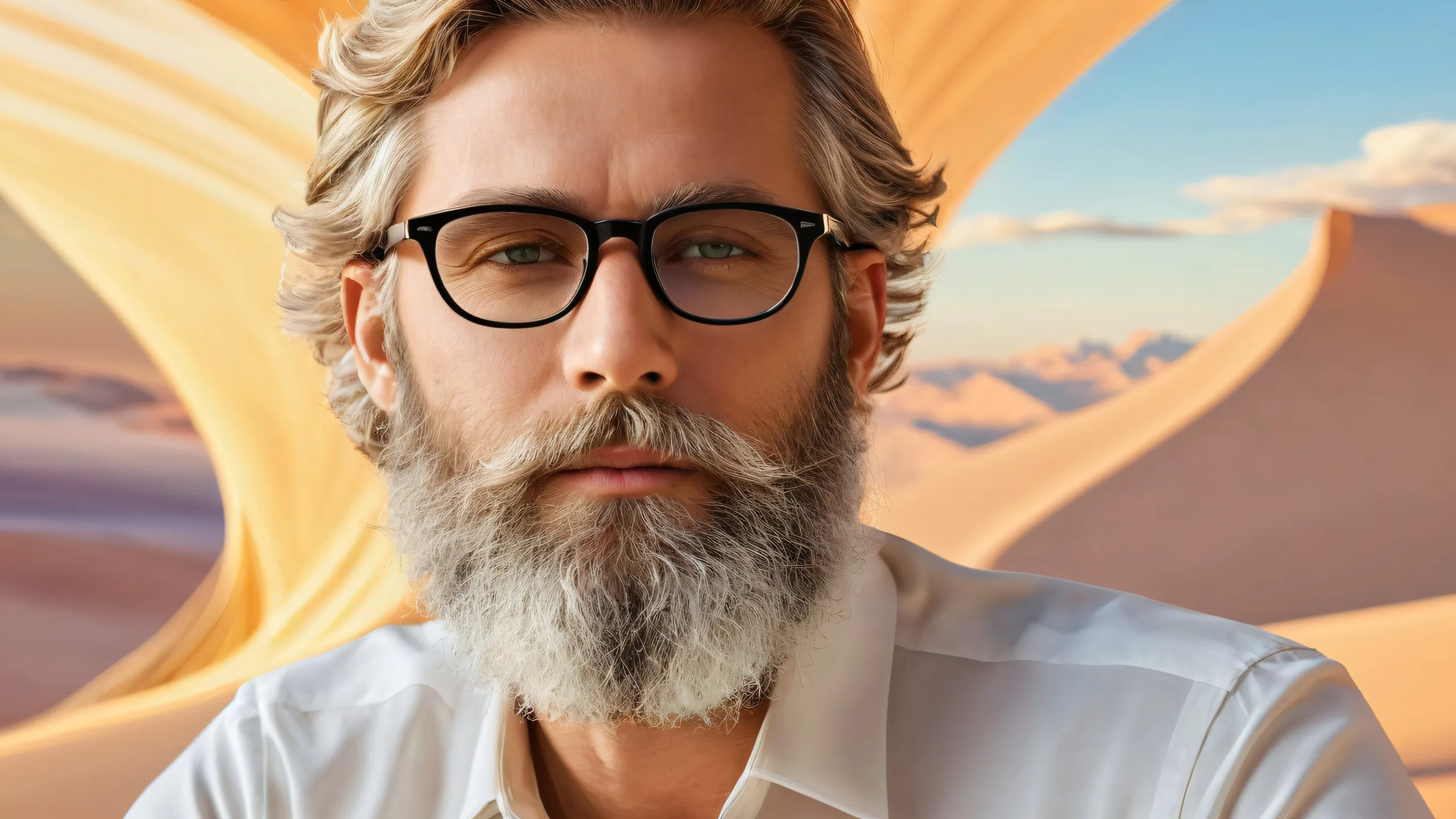 A bearded man sits serenely amidst a vast, pure void on a desktop/pc, surrounded by brilliant colors and radiant lighting.