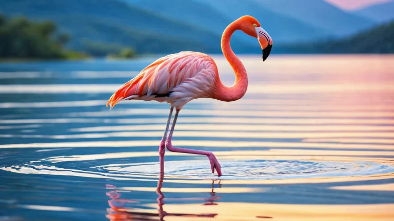 A stunning desktop image of a flamingo standing in a lake, with the sun rising over the crystal-clear water. Perfect for your desktop or PC.