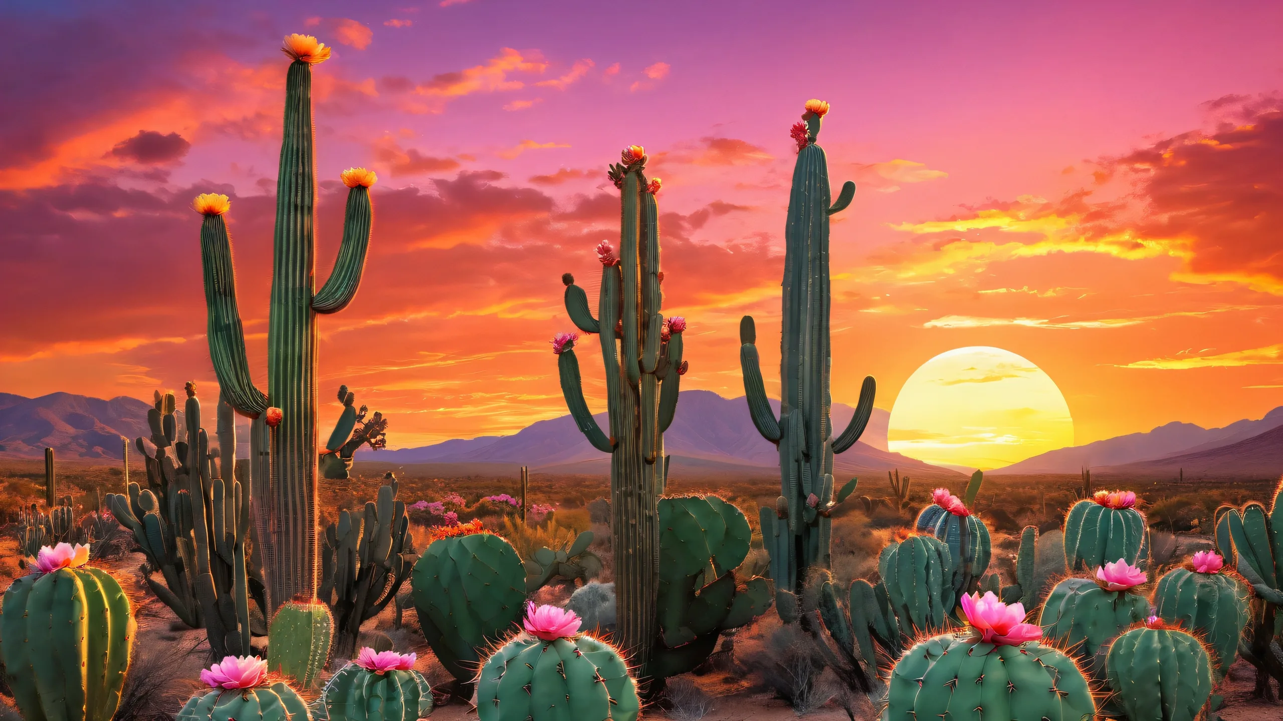 Breathtaking desktop wallpaper of cactus in a vast pure void with sunset glow and clouds for Desktop/PC.