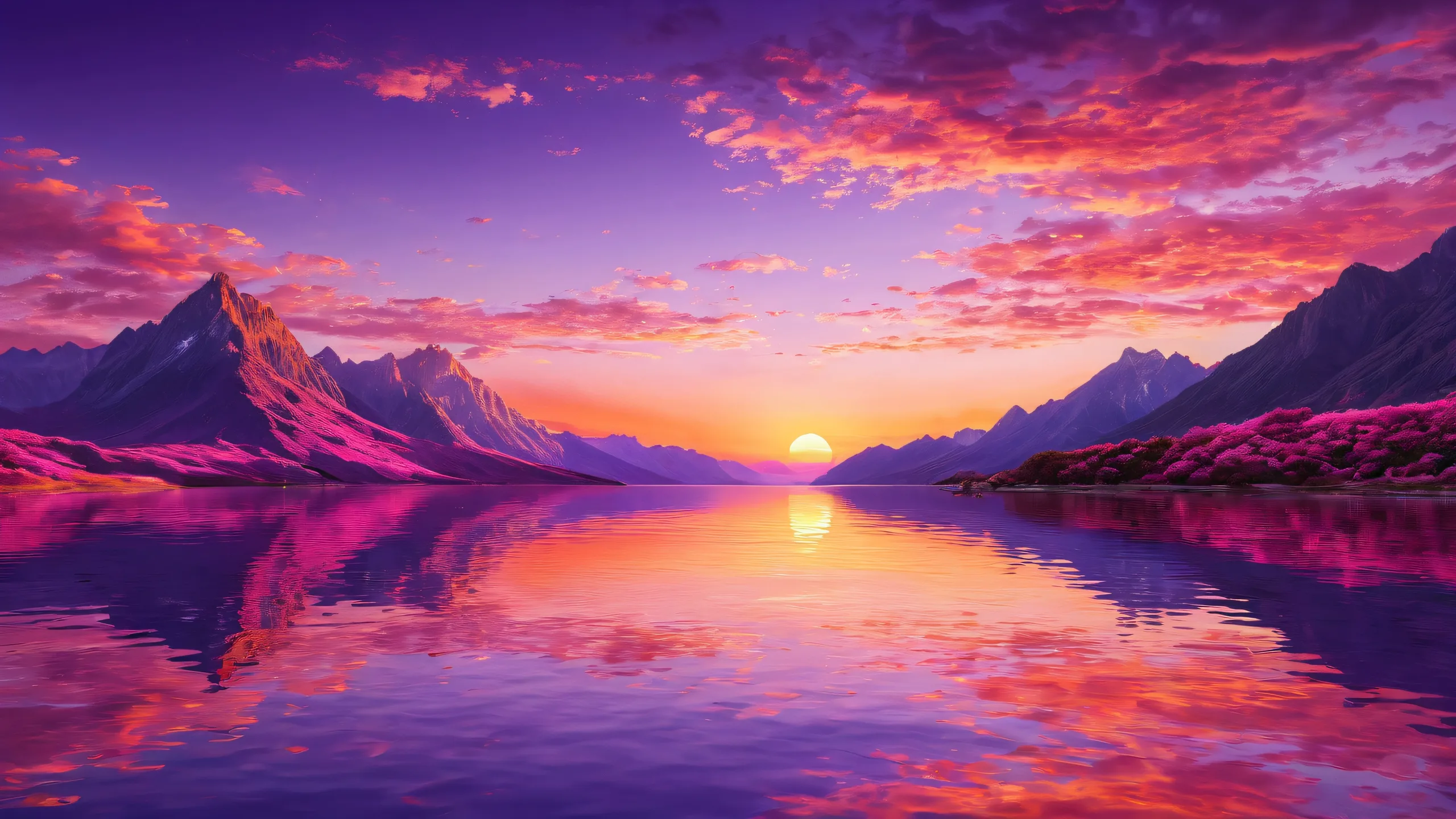 A serene sunset landscape on a clean and vast desktop/PC background.