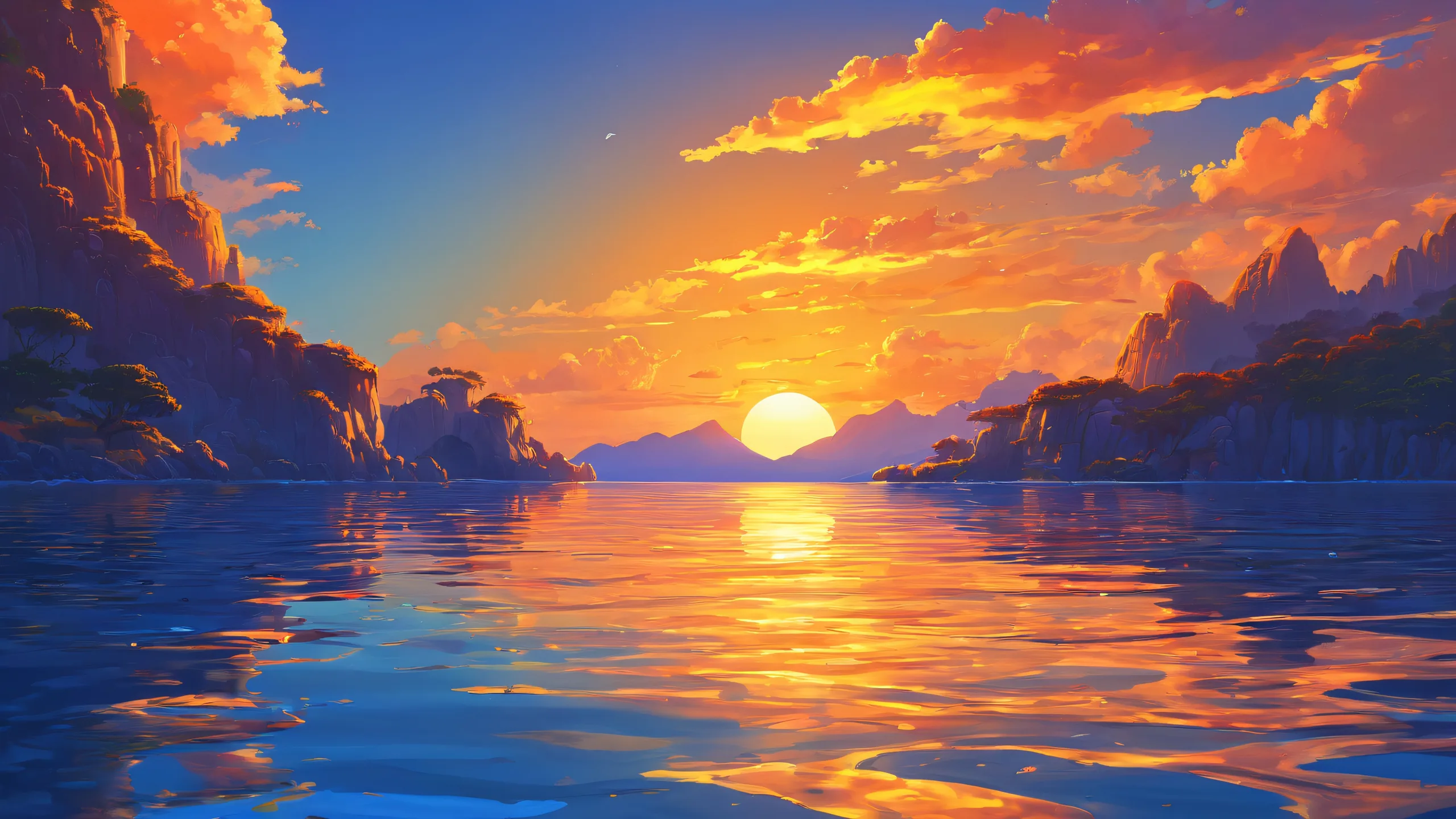 Ethereal Sunset Oasis 4K UHD Wallpaper Breathtaking sunset landscape for desktop/pc, featuring a vast pure void and stunning ethereal lighting.
