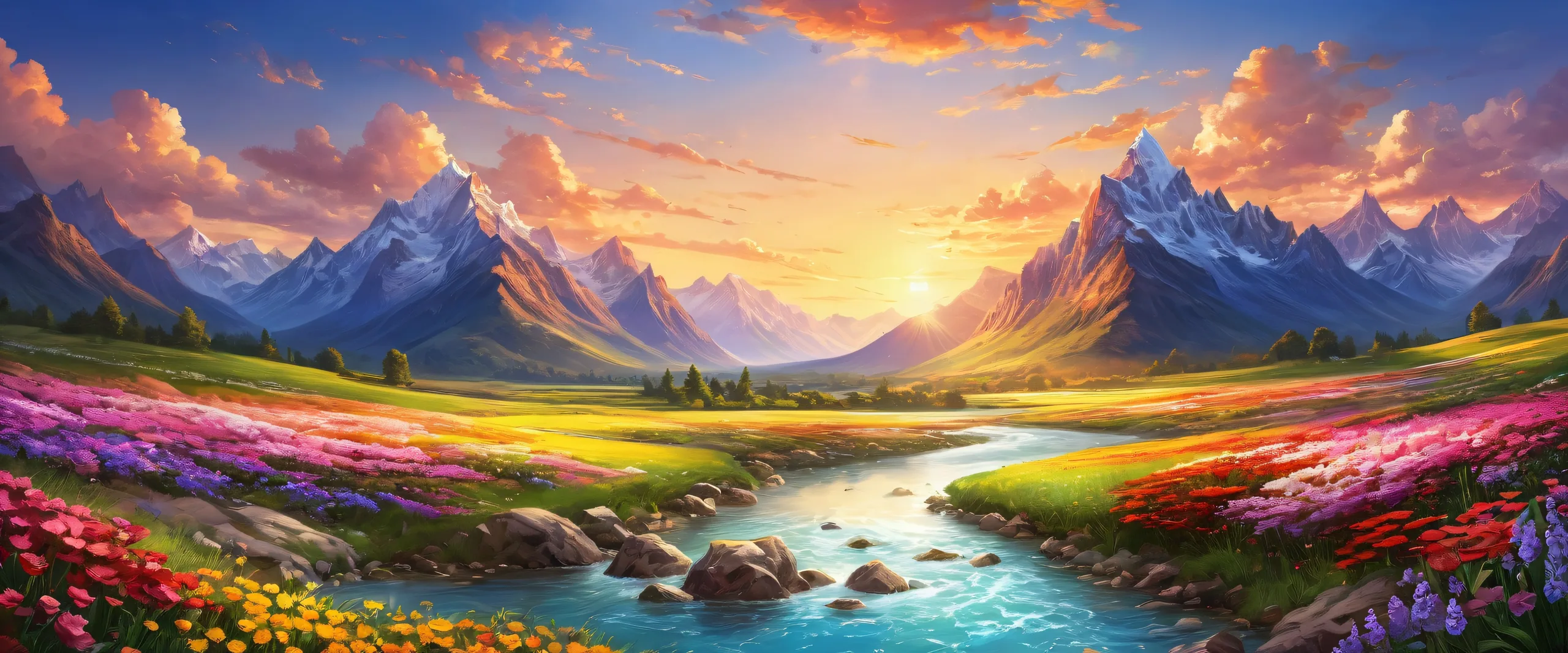 Breathtaking desktop scenery of mountains and a valley with flowers and a river, suitable for Desktop/PC use.