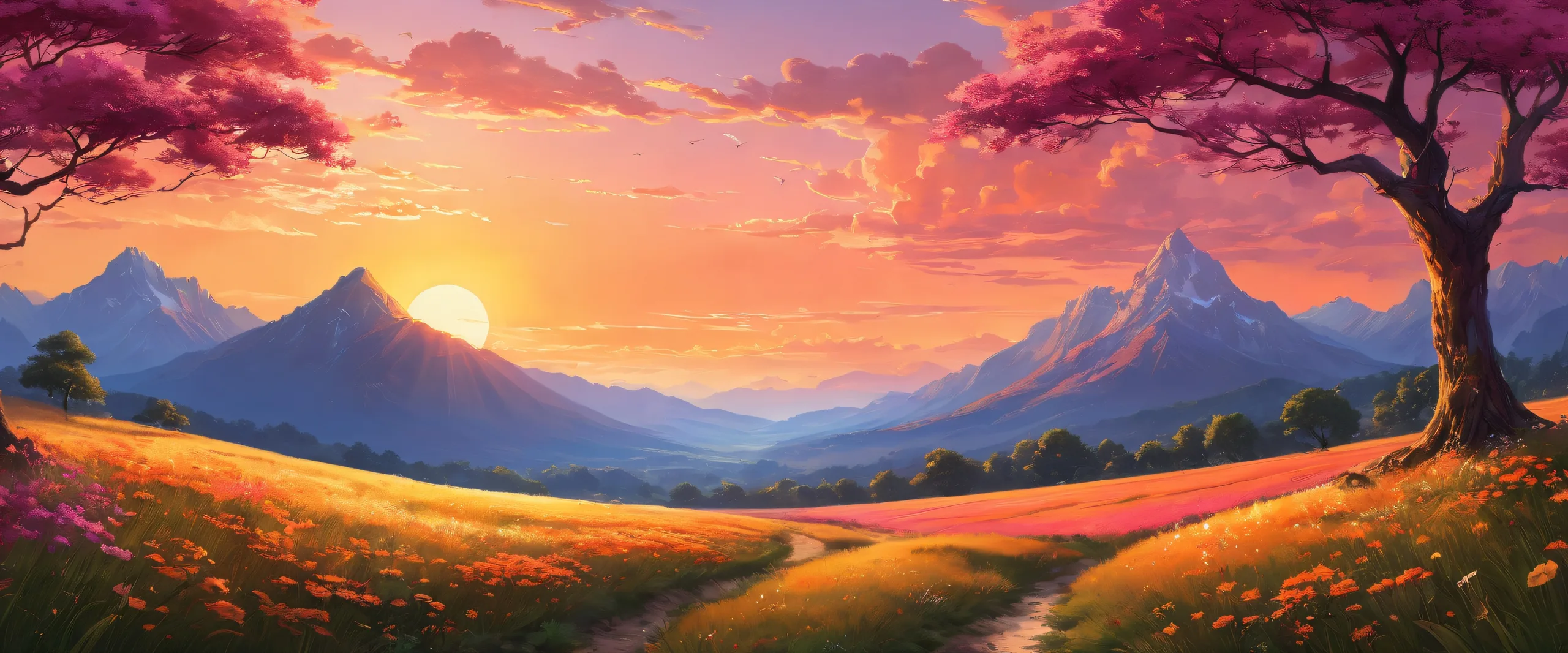 A breathtaking desktop wallpaper of a sunlit landscape featuring a stunning sunset sky and silhouetted trees on a 16:9 aspect ratio, perfect for PC or Desktop.