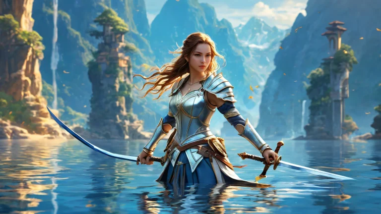 Women with swords, pristine void, reflection on water surface. Perfect for Desktop/PC.