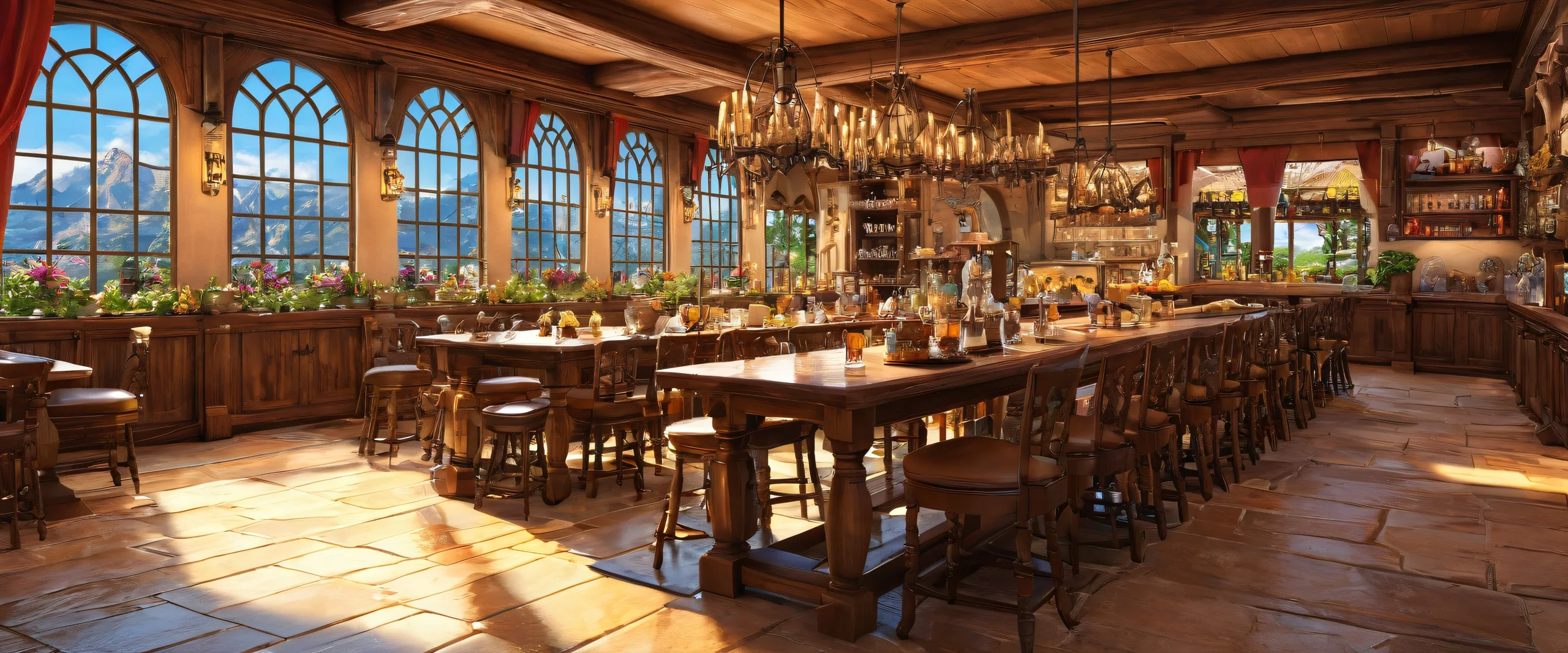 A serene and tranquil tavern scene on a desktop/pc background with vibrant colors and stunning reflections.