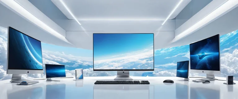 Award-winning digital art of a futuristic desktop with high-tech computers in a pristine void, perfect for screen readers.