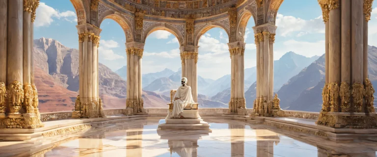 Skeletal figure stands on ancient throne amidst pure void, perfect for desktop/pc