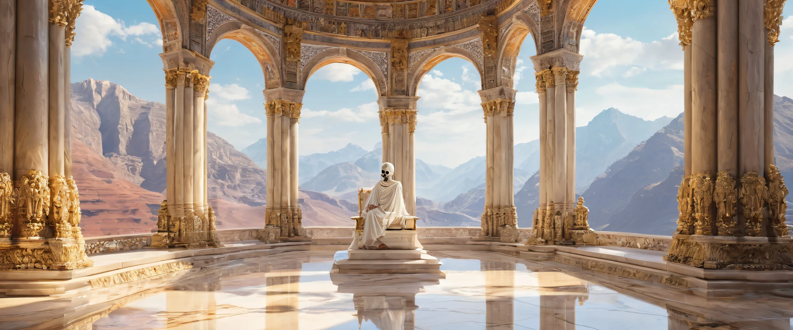 Skeletal figure stands on ancient throne amidst pure void, perfect for desktop/pc