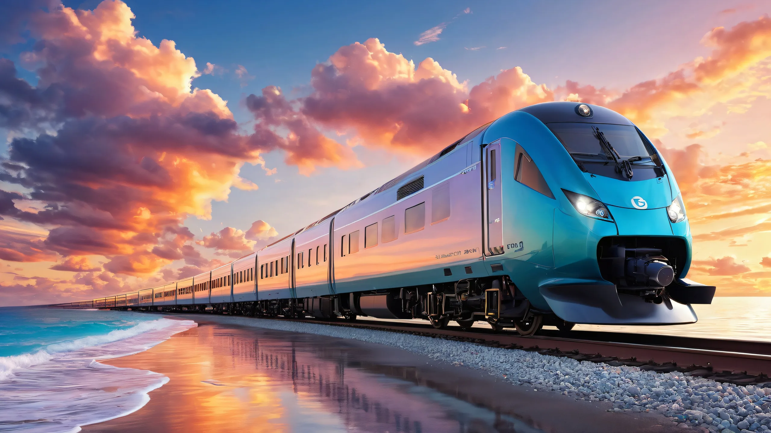 A beautifully designed digital art desktop wallpaper featuring a train in perfect harmony with the sea and clouds on a vast, pure void background, suitable for Desktop/PC.