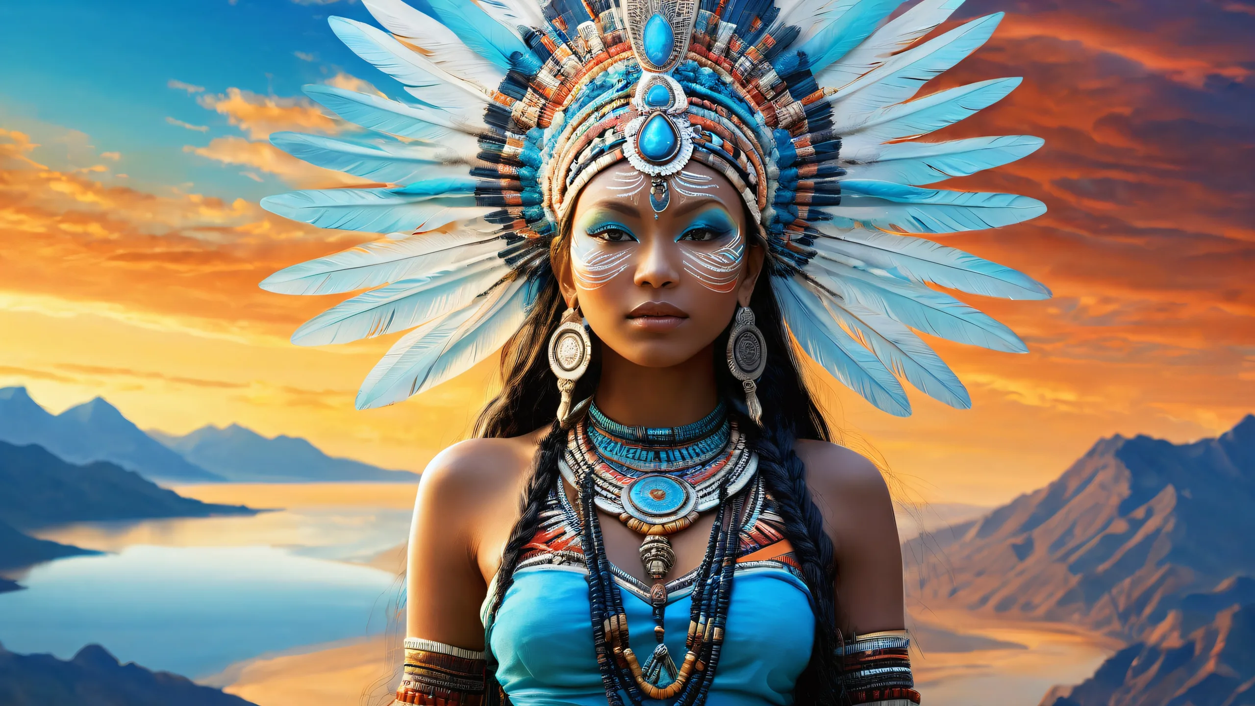 Tribal goddess desktop/pc wallpaper with glowing blue and earth tones