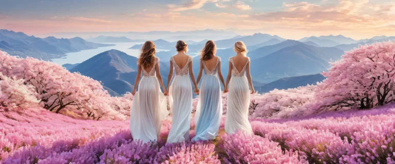 A serene desktop scene of three women amidst a vast, pure void with a deep field of view, perfect for personal computers.