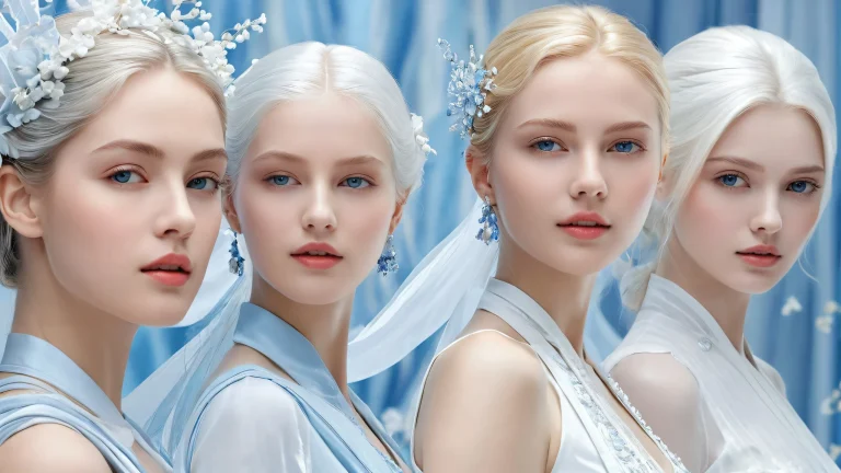 Three women in a vast, pure void with extreme depth of field and radiant lighting. Ideal for desktop/PC.