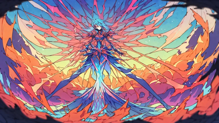 Beautiful anime illustration of a trio on a perfectly clean vast pure void Desktop/PC background with stunning blue and orange gradient effects.