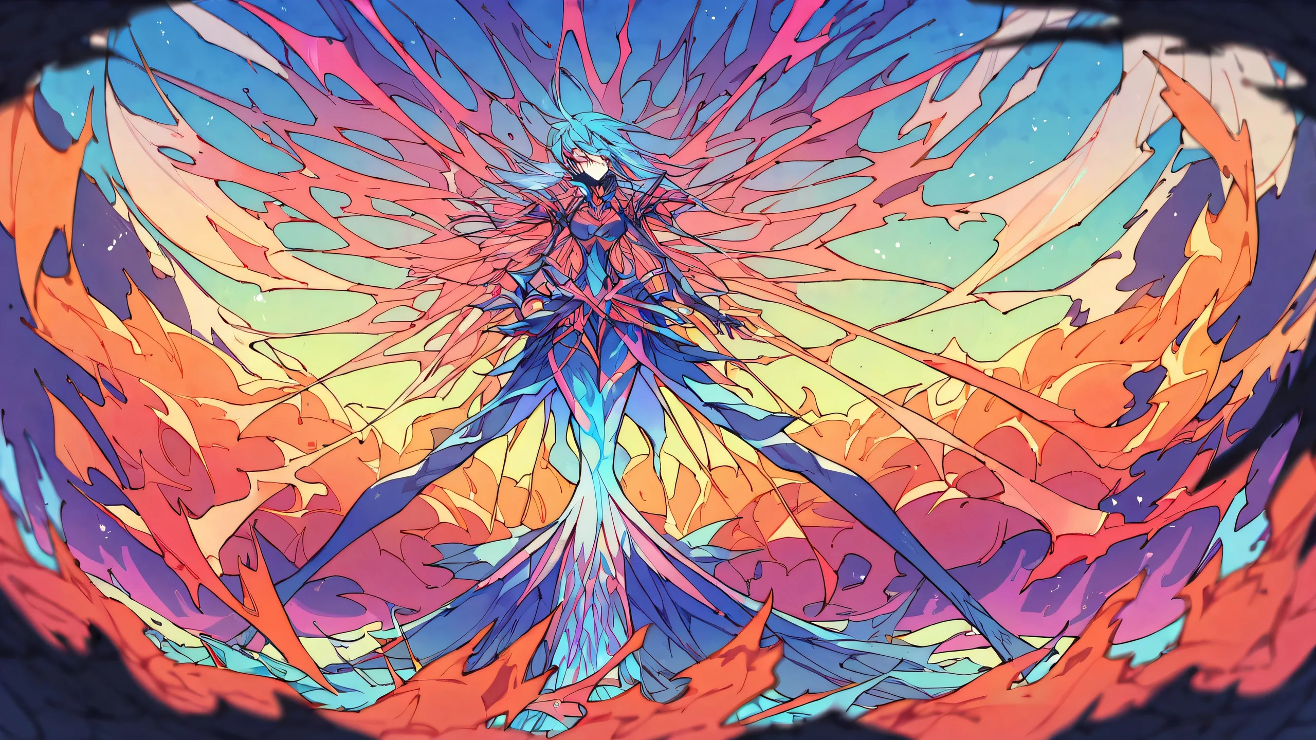 Beautiful anime illustration of a trio on a perfectly clean vast pure void Desktop/PC background with stunning blue and orange gradient effects.