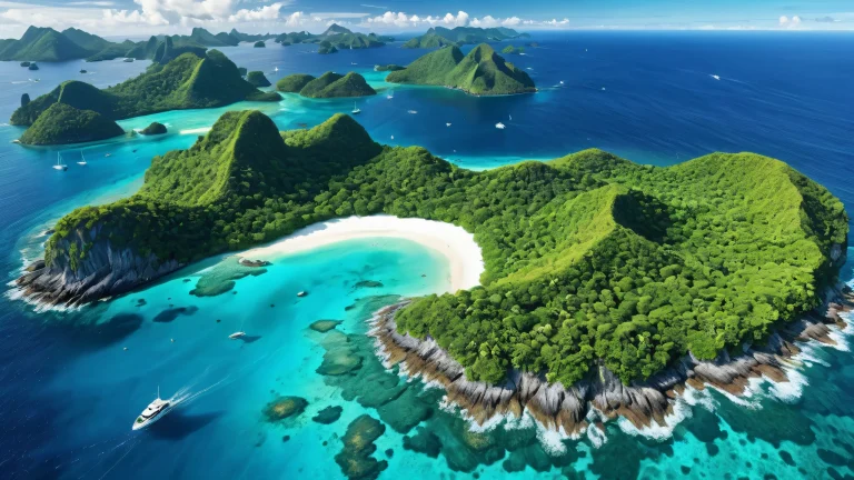 Desktop/PC desktop wallpaper featuring a breathtaking tropical archipelago with crystal-clear waters, lush emerald islands, and dense tropical forests.