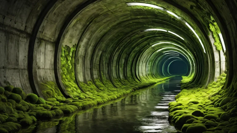 A breathtaking desktop wallpaper of a mutated hybrid, massive concrete sewer tunnel with moss-covered walls and a vast pure void, perfect for a Desktop/PC.