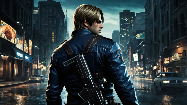 Leon Kennedy desktop wallpaper with a dark cityscape at dusk on a Desktop/PC