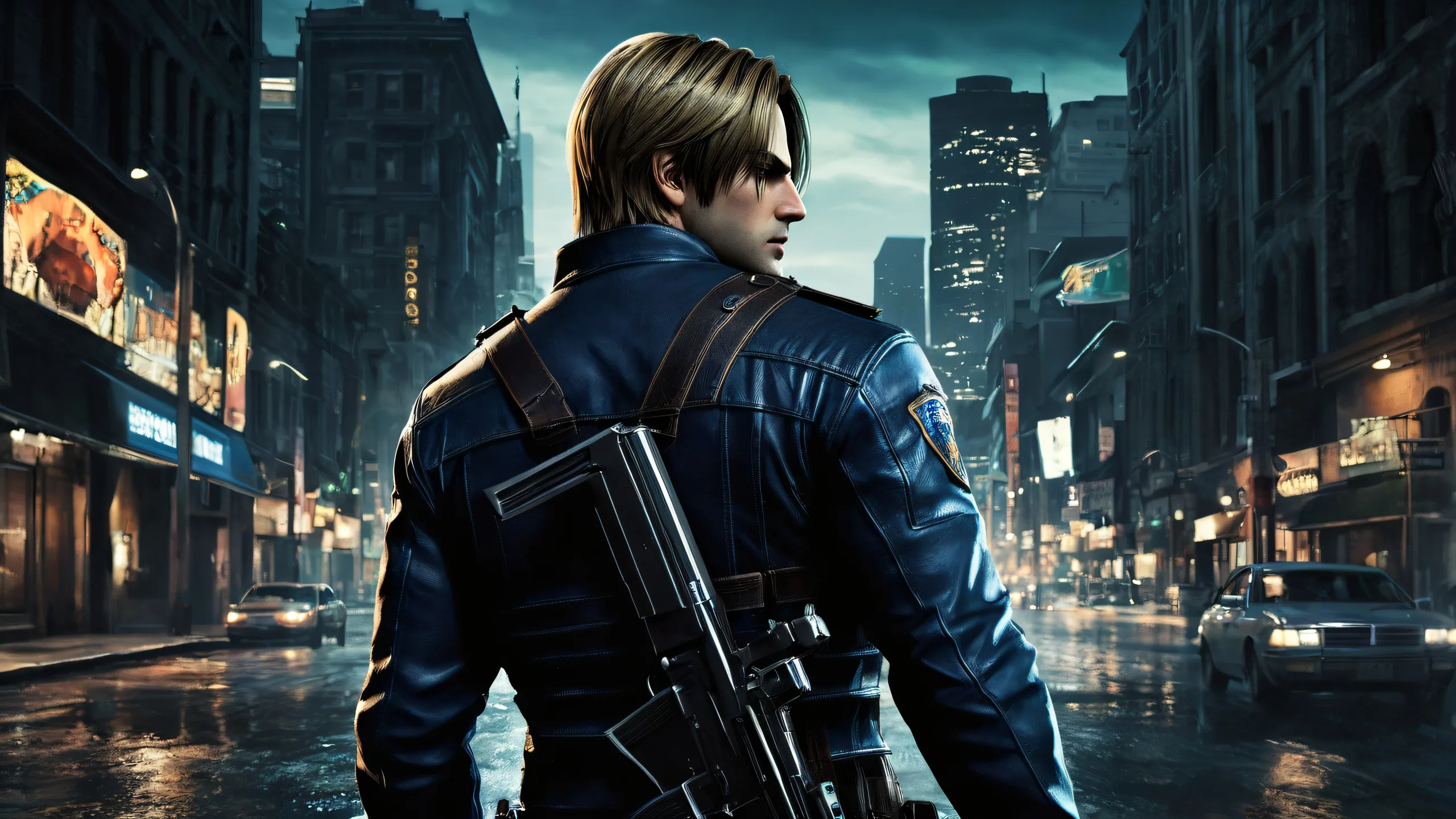 Leon Kennedy desktop wallpaper with a dark cityscape at dusk on a Desktop/PC