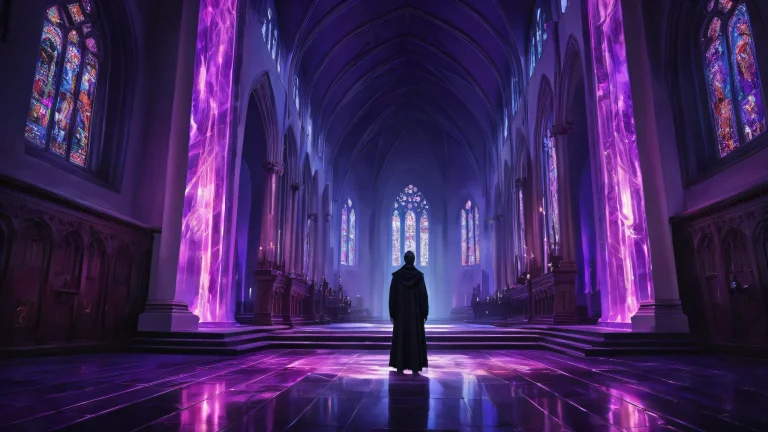 Abstract portrait of a cityscape at dusk, featuring an old black church in the foreground, with radiant colors and ray traced reflections on a pristine void background suitable for desktop/pc.