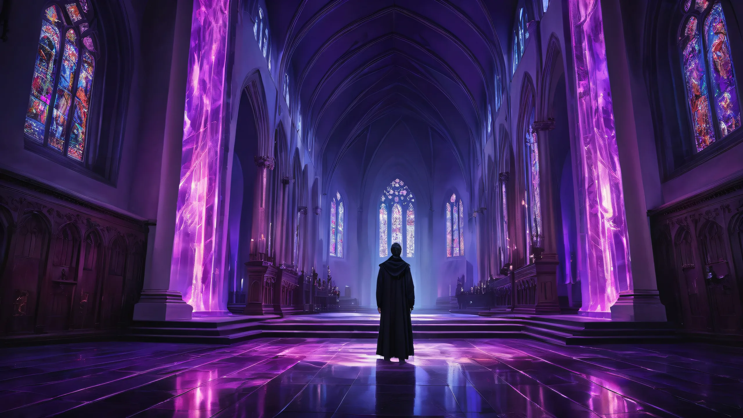 Abstract portrait of a cityscape at dusk, featuring an old black church in the foreground, with radiant colors and ray traced reflections on a pristine void background suitable for desktop/pc.