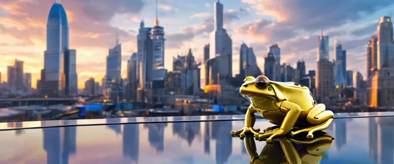 Mechanical Frog on a serene urban desktop with a pure void background and radiant lighting for the visually impaired.
