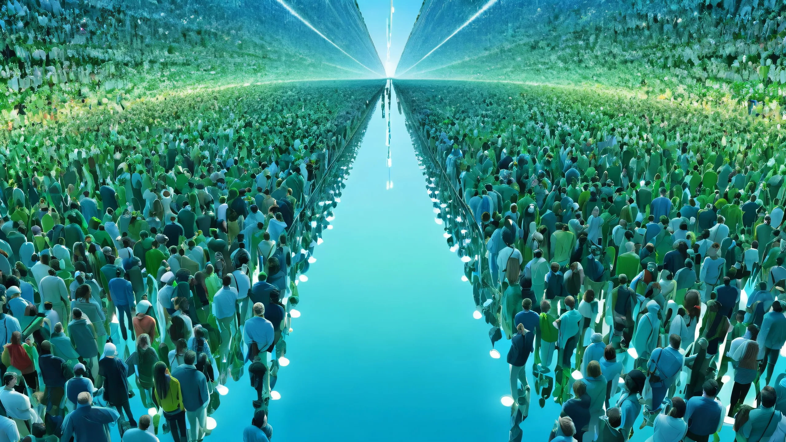 A serene and peaceful urban landscape for your desktop/pc with a vast pure void and ethereal lighting.