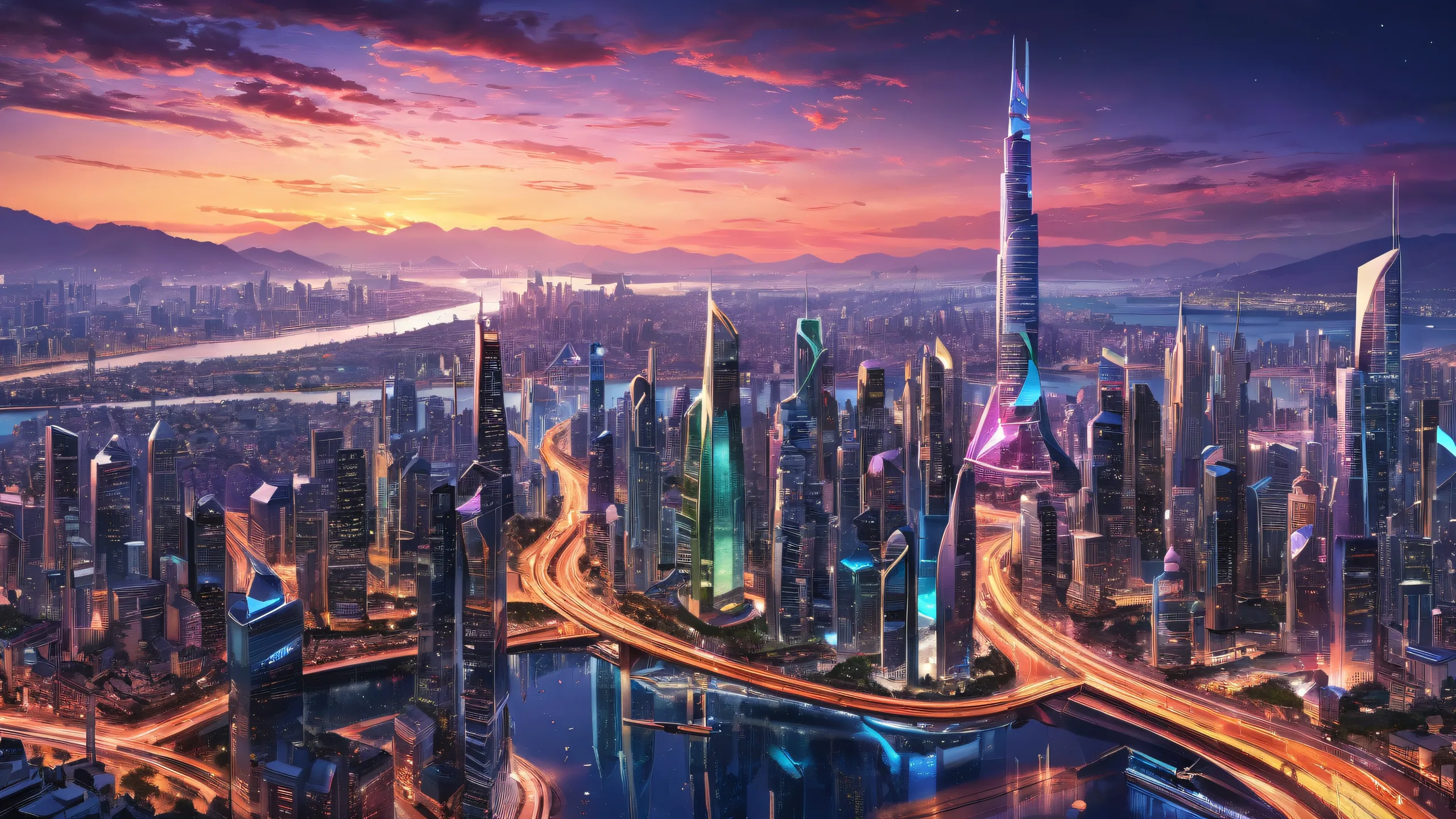 A futuristic cityscape on a pristine void desktop background for PC/ Desktop use, with ethereal lighting and brilliant colors.