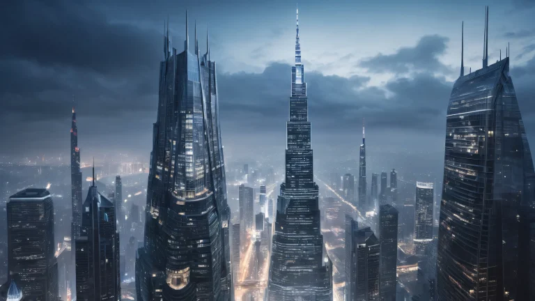 Desktop/PC wallpaper featuring a majestic skyscraper against a misty foggy sky, with intricate details and sharp contrasts.