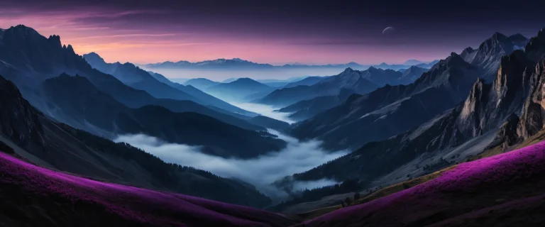 Breathtaking desktop wallpaper of a mystical valley with foggy mountainside silhouettes and deep blacks, perfect for Desktop/PC screens.