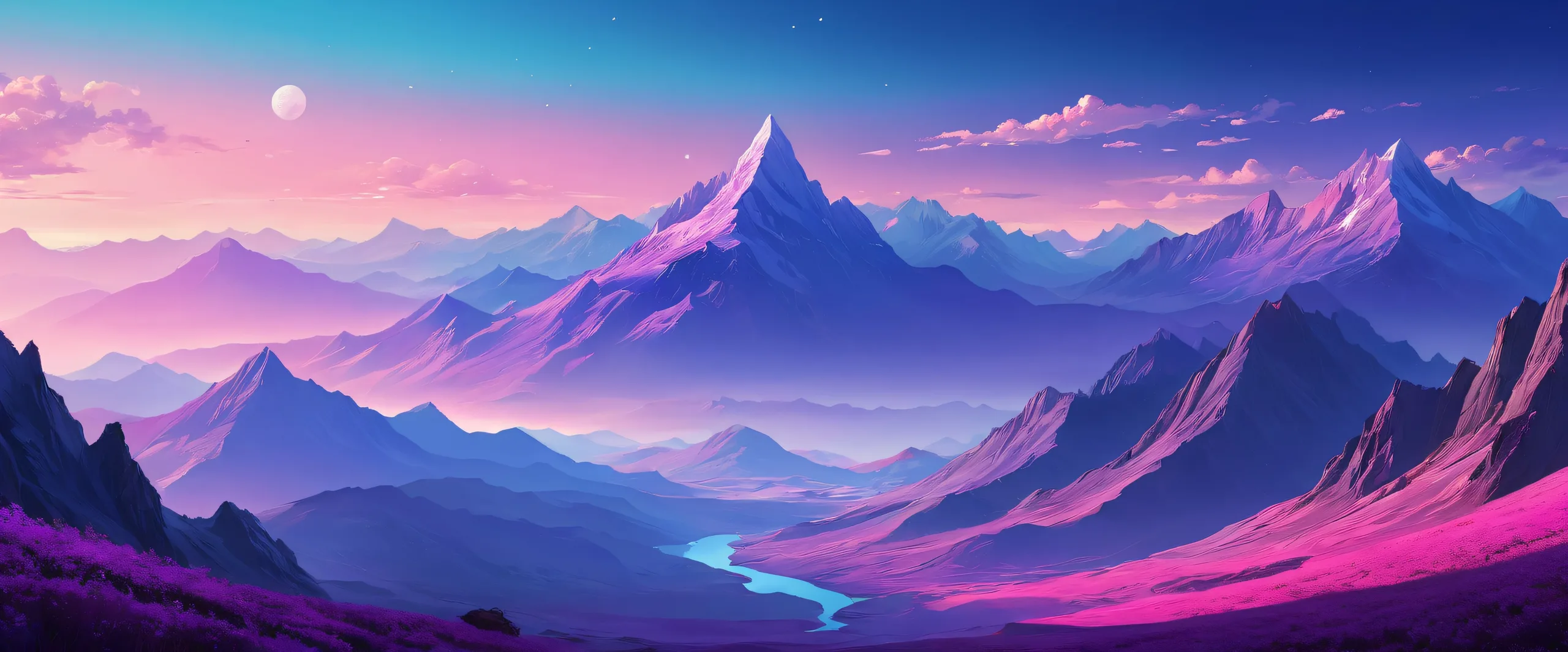 A serene desktop image of a valley on a dark background with mountain silhouettes, perfect for a PC or Desktop.