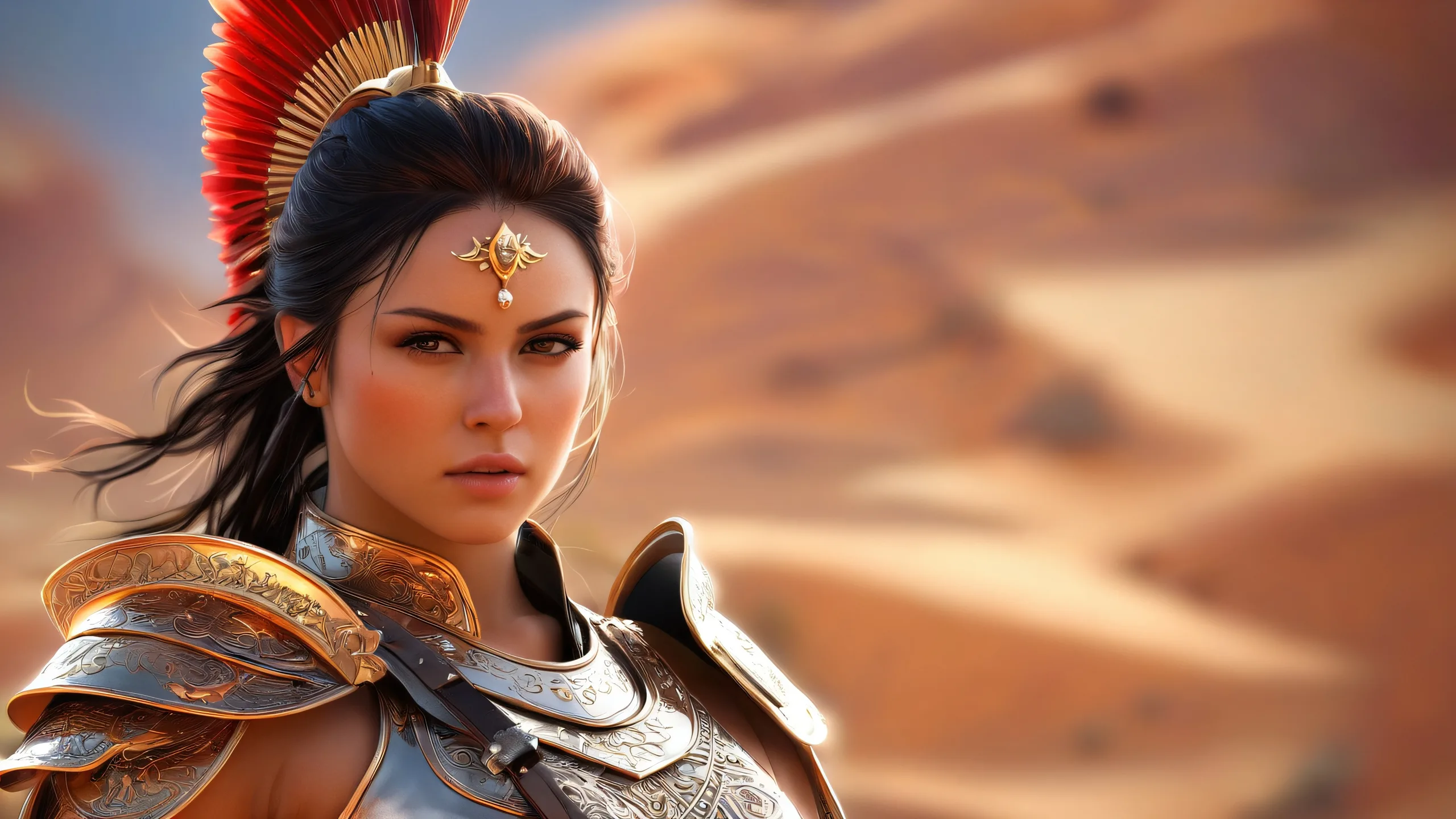 A majestic female warrior stands out against a vast, pure void on a desktop/PC, with extreme depth of field and ethereal lighting.