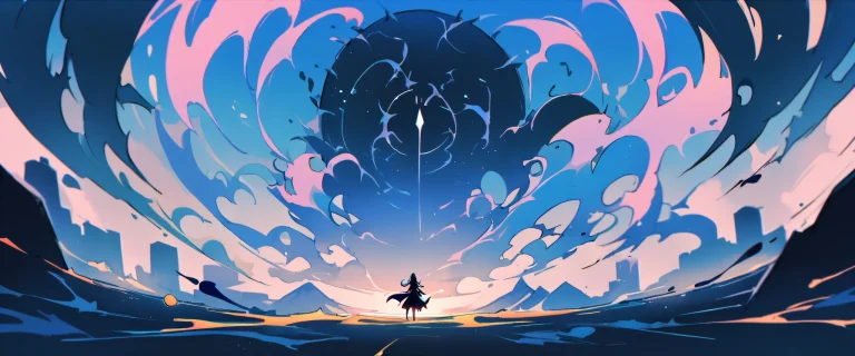 Girl looks at viewer on a perfectly clean vast pure void background with minimalist interior and epic wide shot of beautiful sky, cinematic lighting, vivid colors.