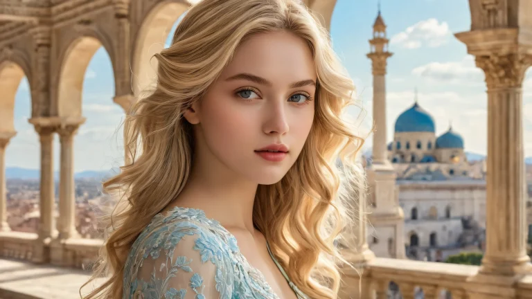 Blonde woman in a pristine void with vintage-inspired architecture and ethereal lighting, suitable for Desktop/PC use.