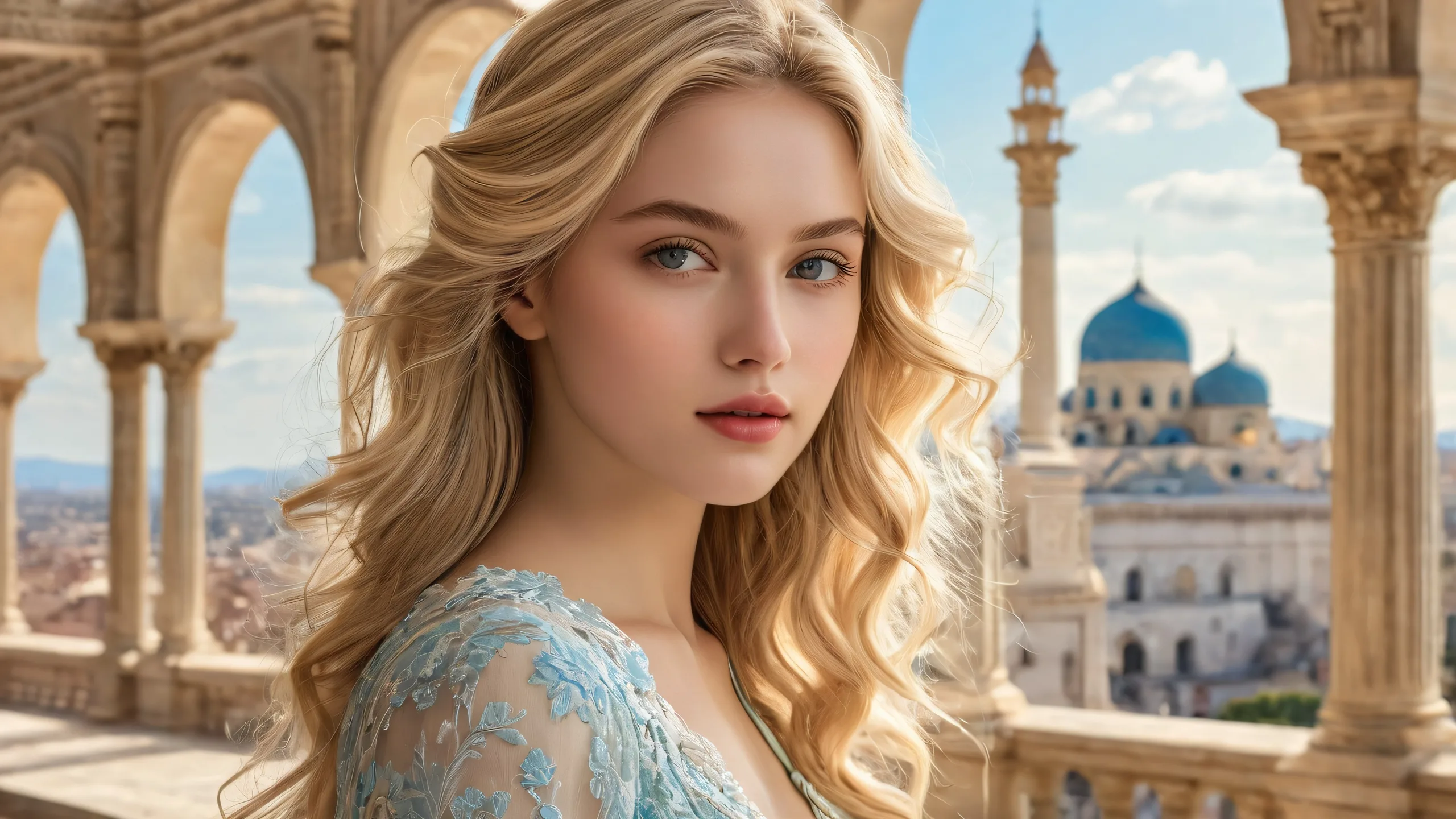 Blonde woman in a pristine void with vintage-inspired architecture and ethereal lighting, suitable for Desktop/PC use.