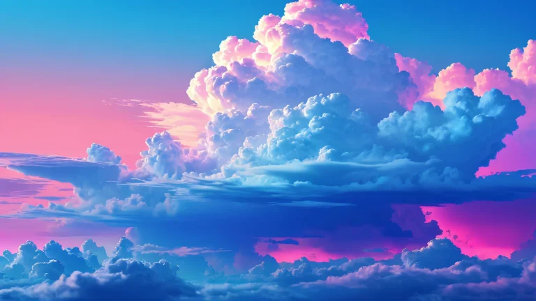 A stunning desktop image featuring clouds and a vast, void-like background with neon accents and ethereal lighting, perfect for your PC or Desktop.
