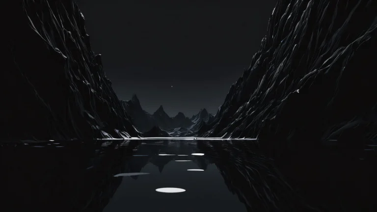 Minimalist monochrome desktop background featuring a vast pure void with deep blacks and luminescent accents on a dark mode aesthetic, geeignet für Desktop/PC