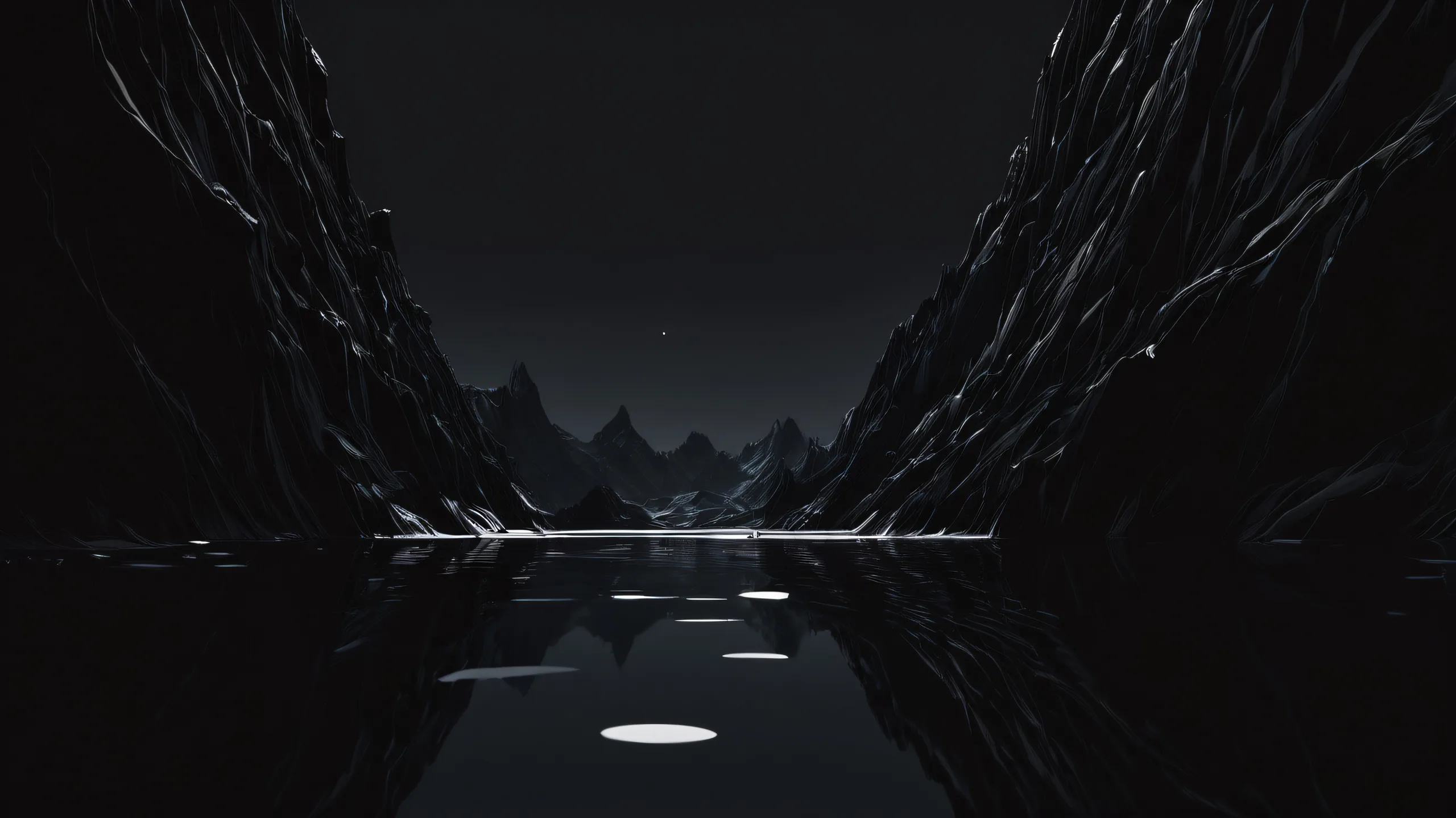 Minimalist monochrome desktop background featuring a vast pure void with deep blacks and luminescent accents on a dark mode aesthetic, suitable for Desktop/PC