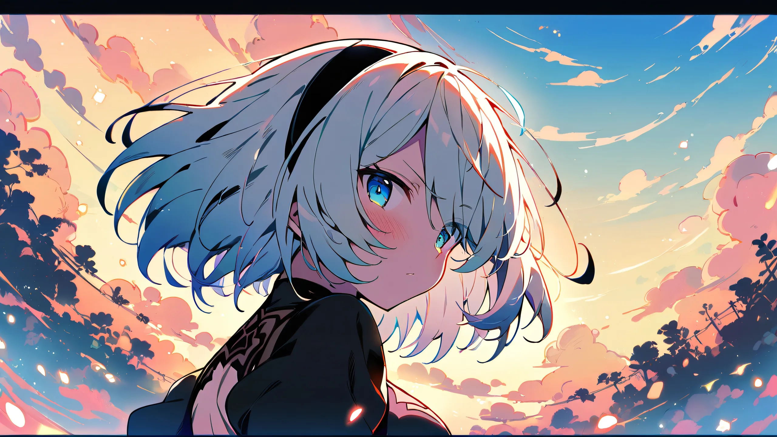 A young woman stands alone in a vast, pure blue void, looking directly at the viewer with an air of serenity.