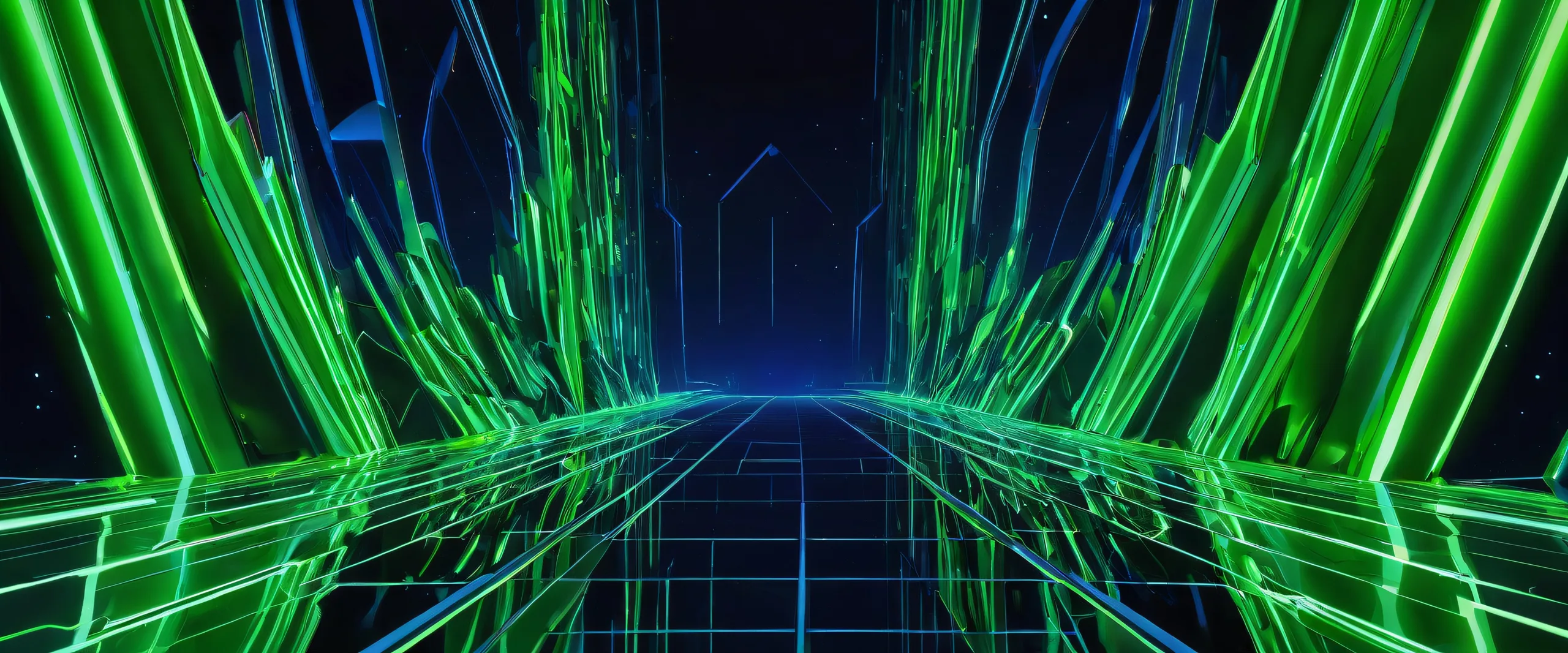 A breathtaking desktop wallpaper featuring a vast, pure void on a dark blue background with neon green accents, ideal for a Desktop/PC.