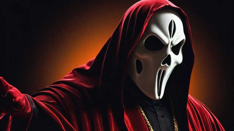 A breathtaking desktop wallpaper featuring Ghostface amidst a vast pure void with extreme depth of field and radiant lighting on a black background, adapté aux écrans de bureau/PC.