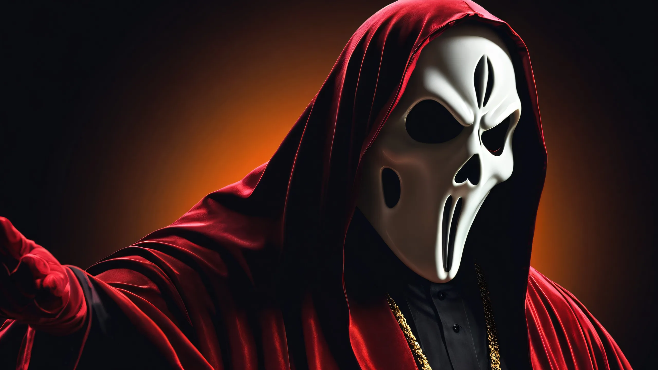 A breathtaking desktop wallpaper featuring Ghostface amidst a vast pure void with extreme depth of field and radiant lighting on a black background, suitable for Desktop/PC screens.